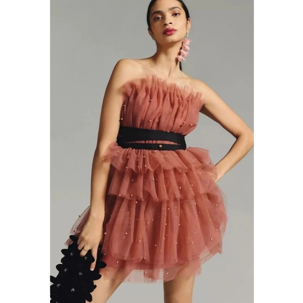 Anthropologie Maeve Tiered Strapless Pearl Embellished Tulle Pink Mini Dress 8